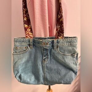 Denim Upcycled/Handmade Shoulder/Tote Bag, 16”x 13”, Lined , Blue/Maroon